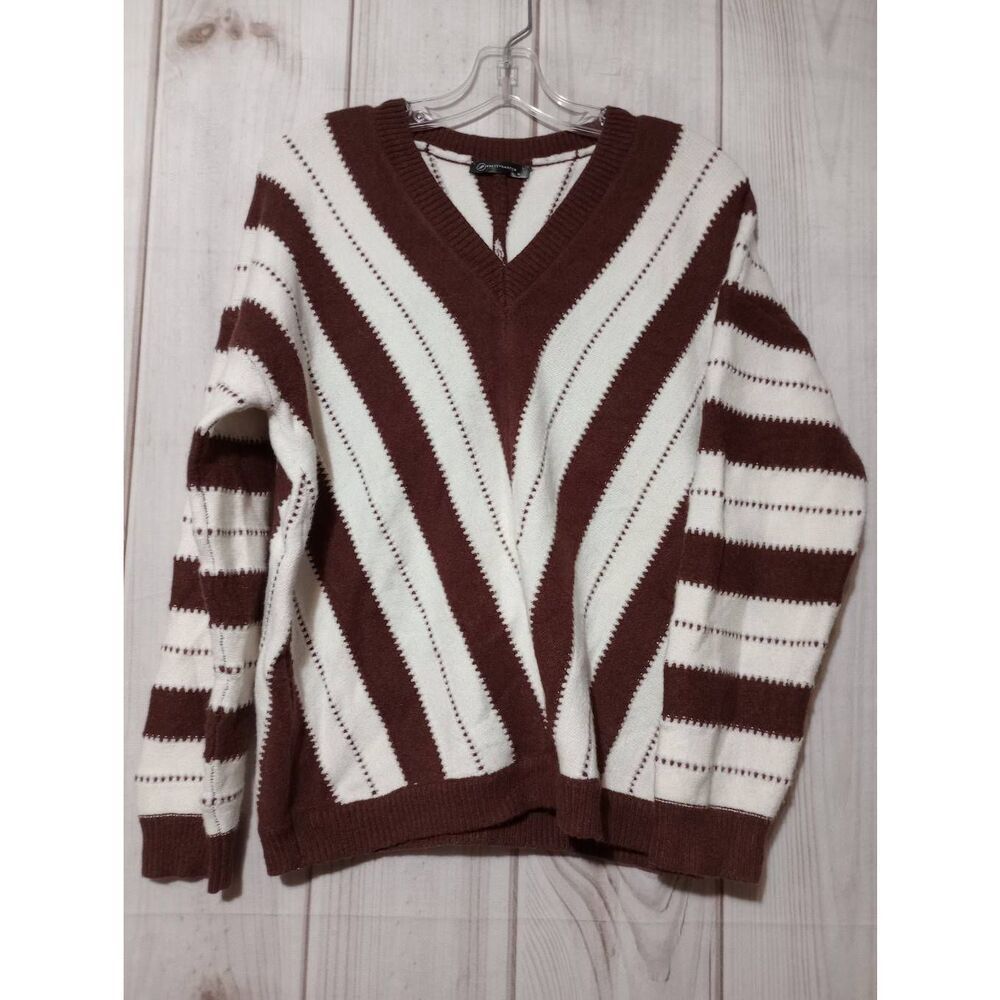 Pretty Garden Sweater Ladies‎ Medium Brown White Stripe Soft